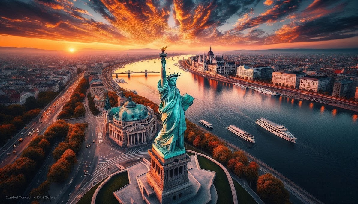 Hungary, Buda Castle District and the areas belonging to the Danube riverside skyline of the capital. Statue of Liberty.